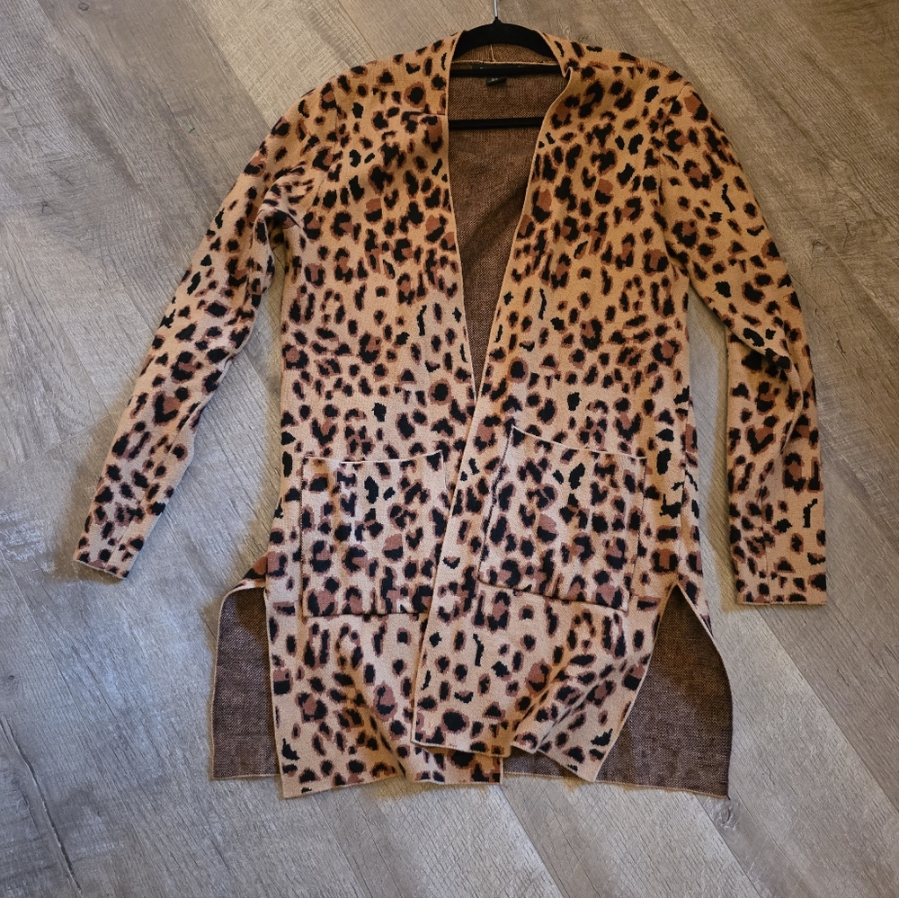 Rachel Zoe Leopard Print Longline Cardigan Open Front Pockets Sz M